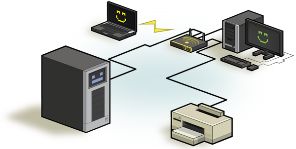 Examples of nodes: laptop, desktop computer, server, and printer.